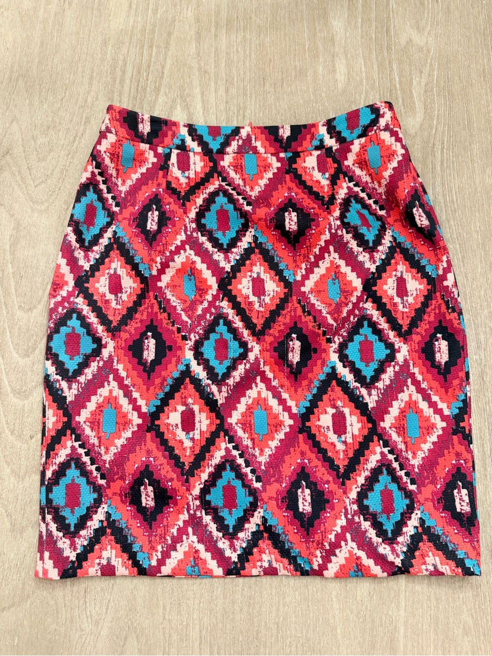 Ellie Kai Geo Ikat Diamond Pencil Skirt Pink Teal Orange size 2